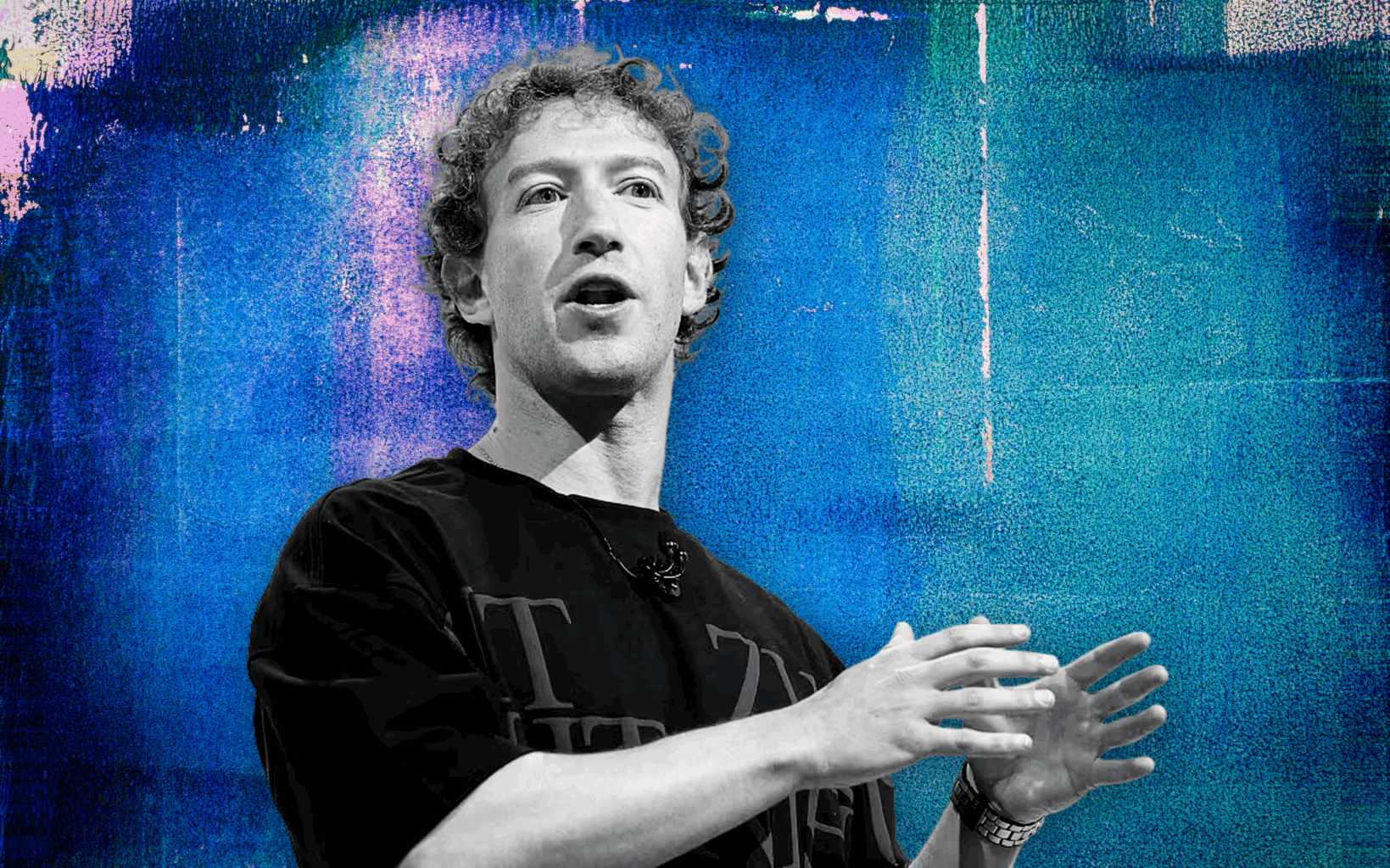 Stylised portrait of Mark Zuckerberg speaking on stage, set against a textured blue background, used in family office case study