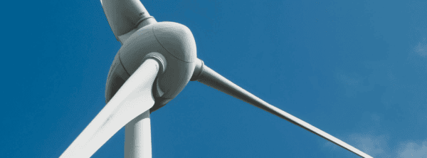 A close-up of a wind turbine