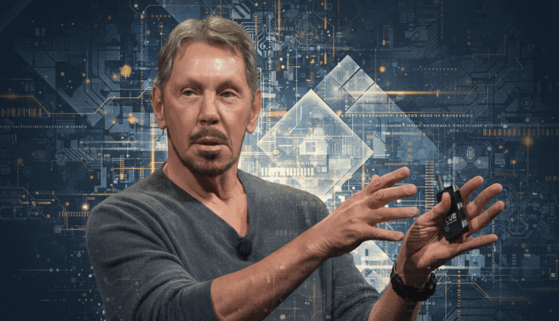 Portrait of Larry Ellison against a digital green technology background, used in family office case study