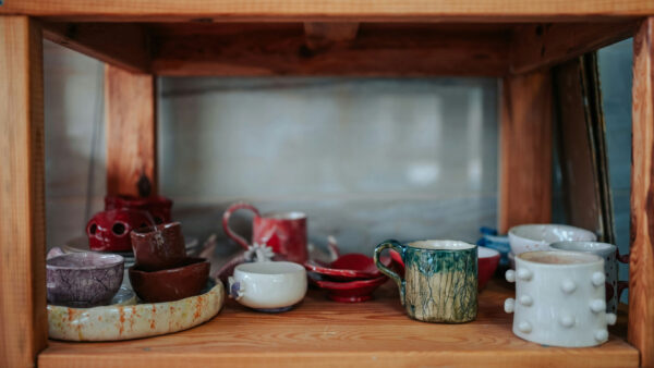 Shelf with various ceramics